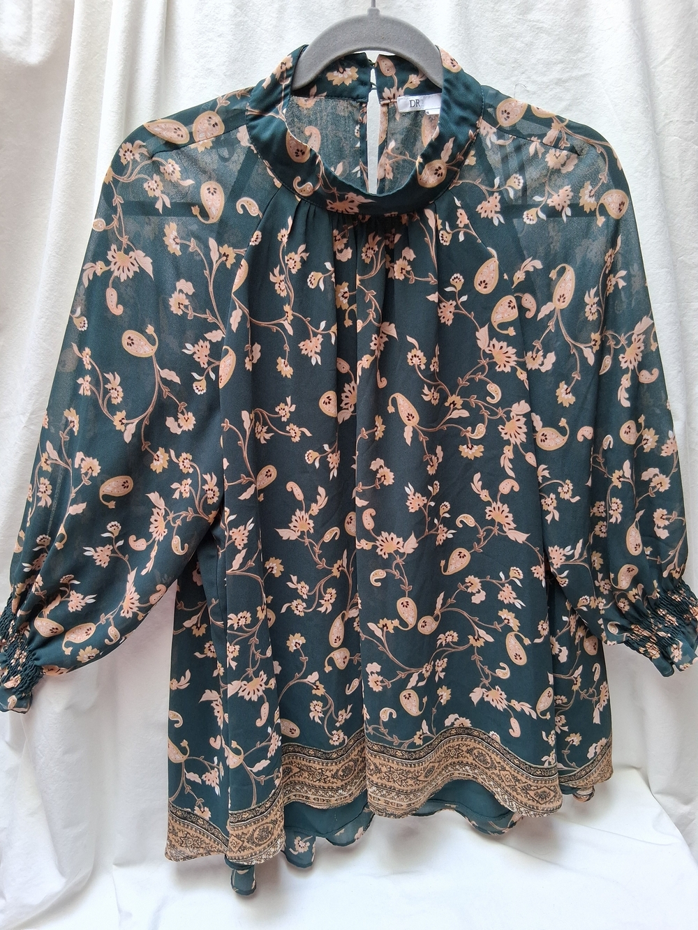 DR2 Teal Blouse with Blush Paisley Print and Neck Tie